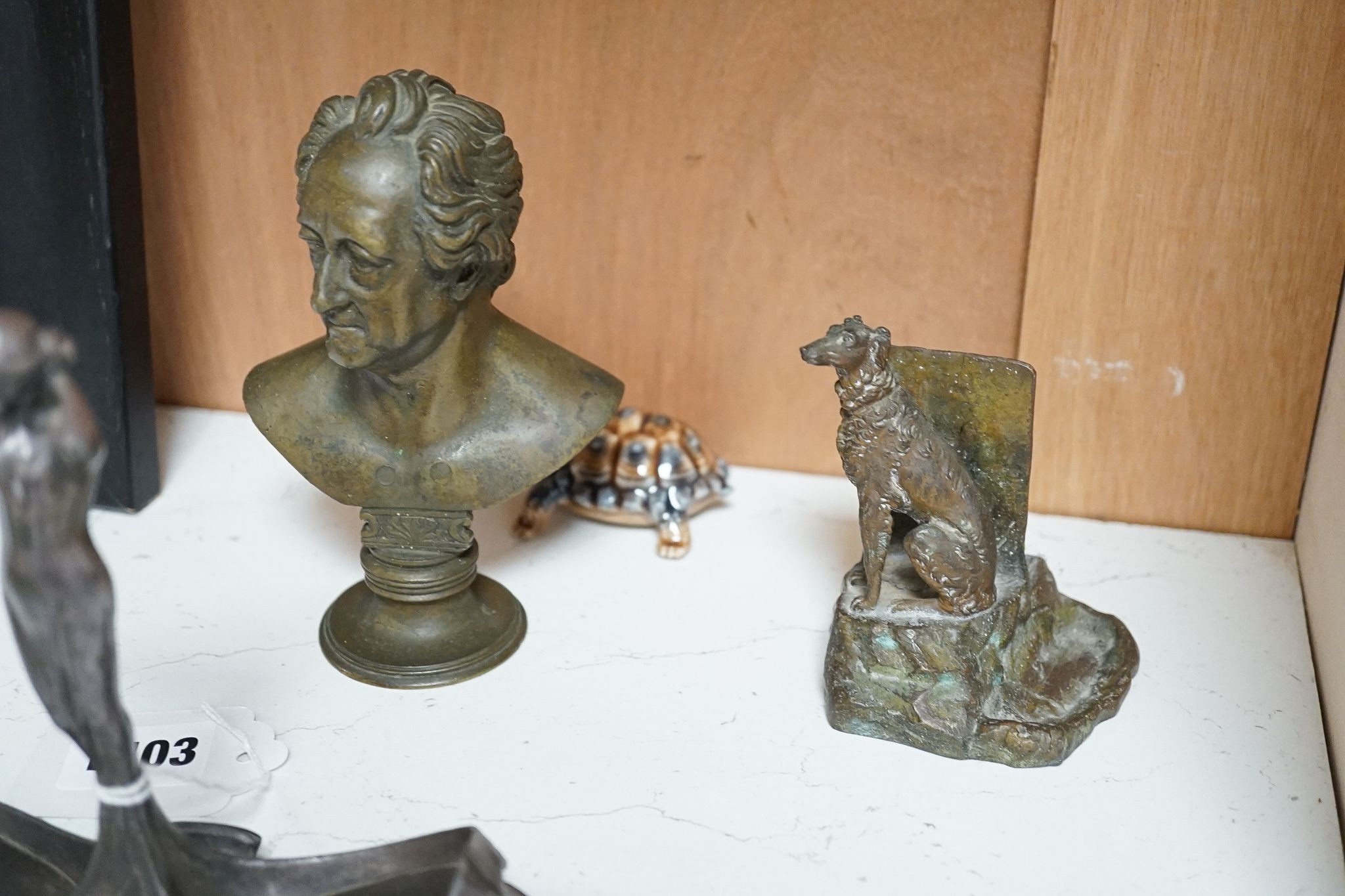 A Bruce Bainsfather Cast brass bottle stopper, 13cm, WMF cruet stand and 7 other items